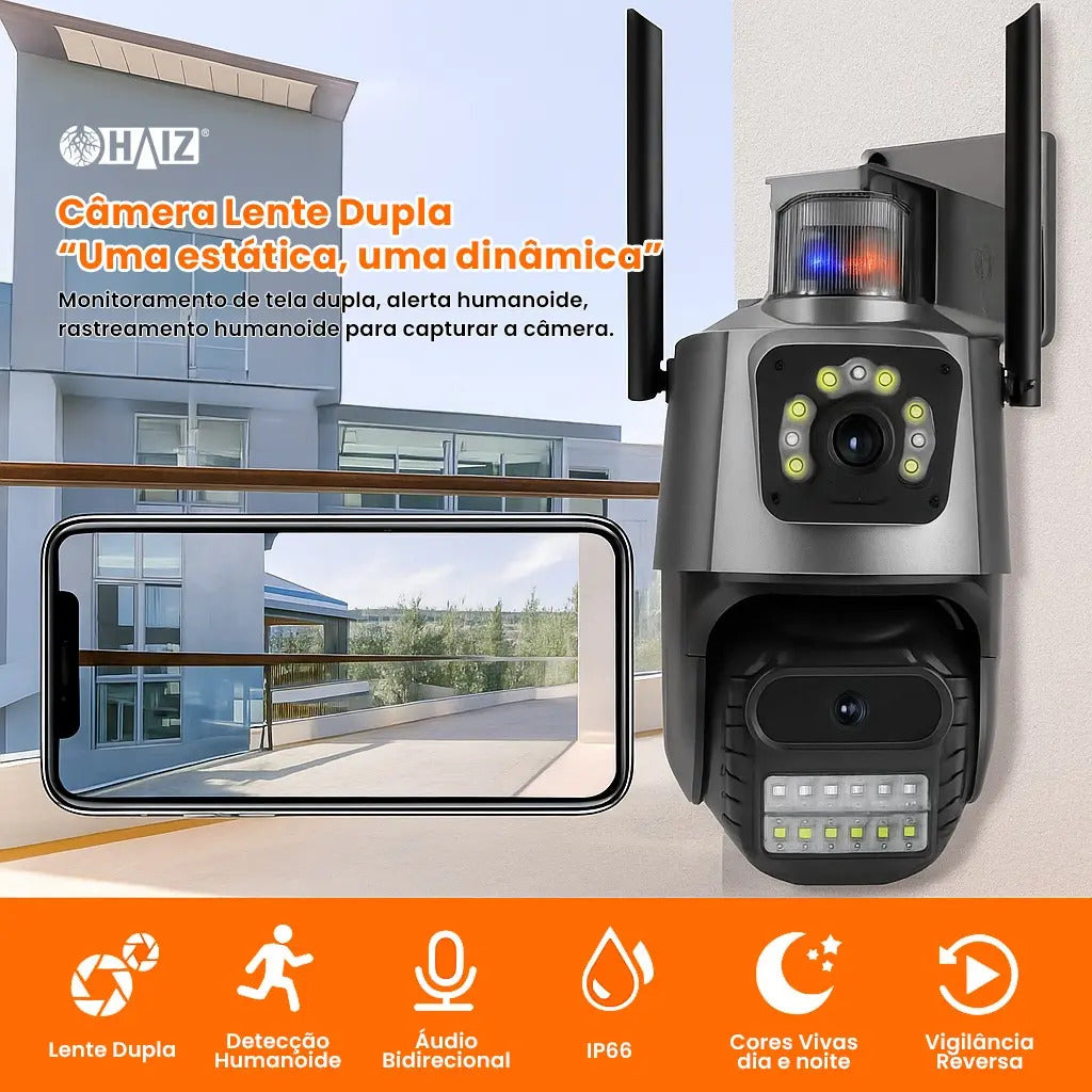 Câmera De Segurança Haiz Externa Ip Dome Lente Dupla Wi-fi 3,6mm 4mp Ip66 Sirene Hz-s6